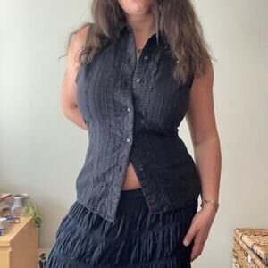 90s vintage black cotton tank lace details cottage boho | size L